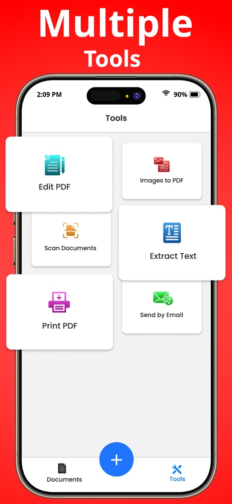 PDF Reader - Scanner app - Diese Ansicht präsentiert eine Sammlung von sechs Hauptfunktionen (X) wie 'PDF bearbeiten' und 'Text extrahieren', die in einer übersichtlichen Kachelansicht (Y) organisiert sind, um schnellen Zugriff zu ermöglichen.