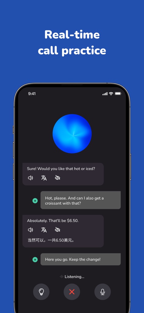 Voca AI - Learning a language - Esta tela destaca a funcionalidade de prática de chamadas em tempo real, onde os usuários veem diálogos de conversação e traduções integradas para um aprendizado eficaz.