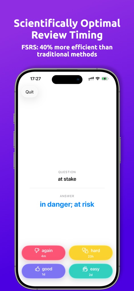 Azri - Flashcard App - Witness the FSRS algorithm in action, displaying flashcard questions and answers alongside intelligent review options like 'again' and 'easy' with predicted intervals.