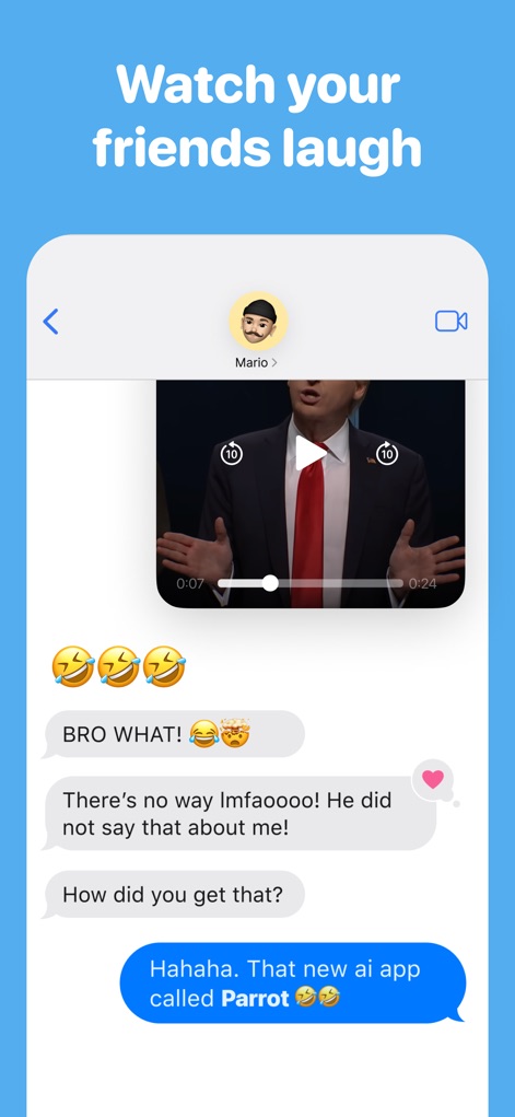 Parrot: Voice Generator AI App - Voyez comment vos créations sont accueillies grâce à l'intégration dans une conversation de messagerie, suscitant des messages de réaction authentiques et des éclats de rire.