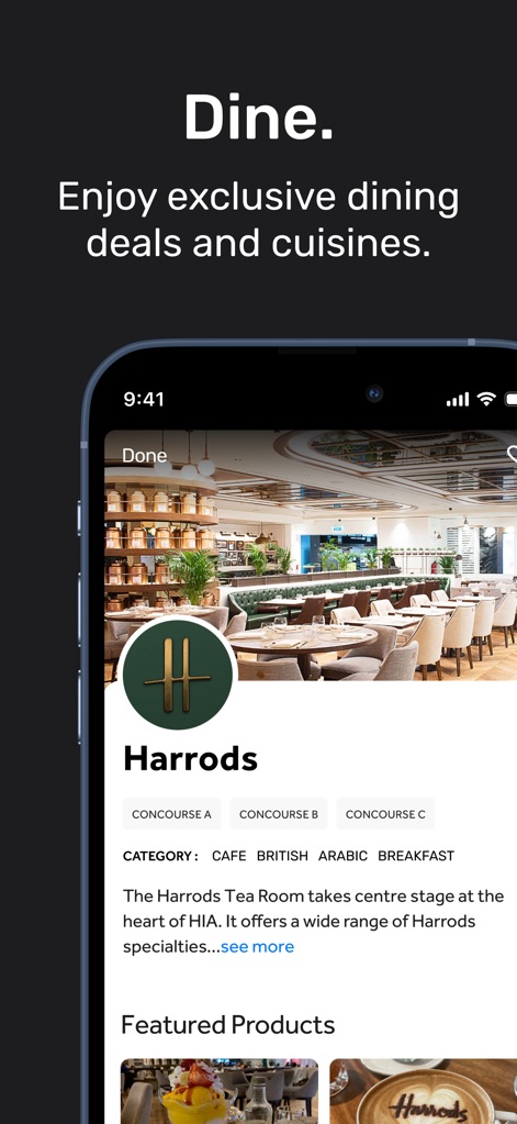 HIA Qatar - The app features a comprehensive dining guide, allowing users to explore specific venues like 'Harrods' and view their categorized concourse locations.