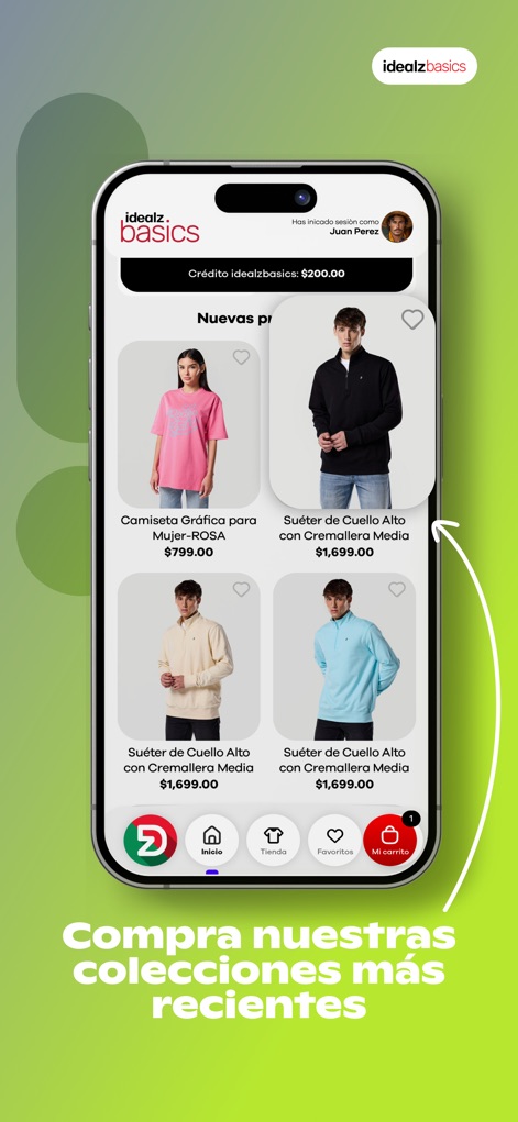 Idealz | Mexico - Se exhiben las últimas prendas en la sección "Nuevos productos", con detalles como la "Camiseta Gráfica para Mujer ROSA" y el "Suéter de Cuello Alto".