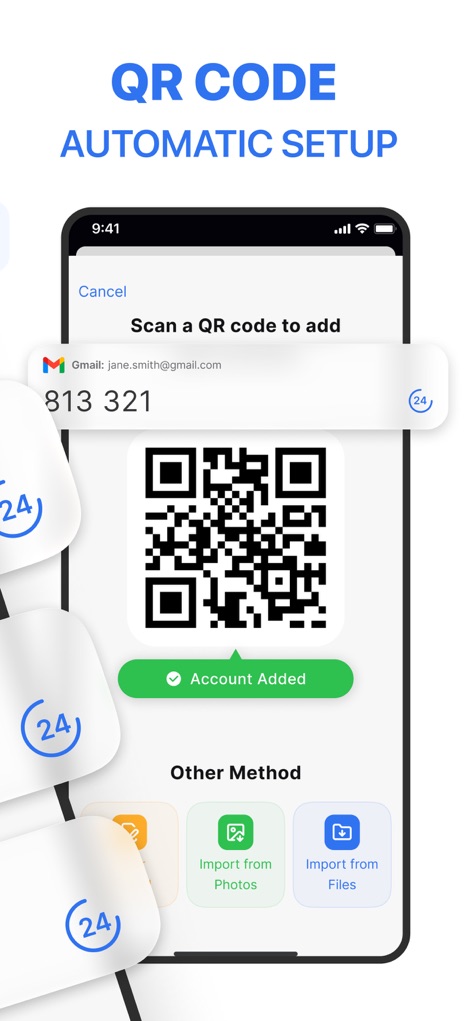 Authenticator ® App - Esta captura ilustra la sencillez de la configuración de cuentas mediante el escaneo de un código QR, culminando con la confirmación visual de 'Account Added' para una integración sin esfuerzo.