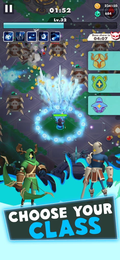 Undead Slayer: Offline Action - Discover the app's deep character customization by viewing the distinct class armor/helmet icons and the specialized ice spell visual effect in action.