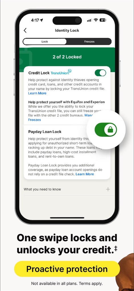 LifeLock Identity - This tool enables users to manage their financial security with the 'Credit Lock TransUnion' toggle and the specialized 'Payday Loan Lock' protection.