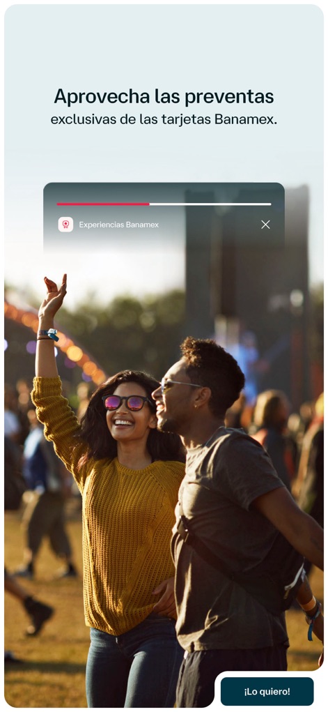 App Banamex - Esta captura destaca la oportunidad de acceder a "preventas exclusivas" mediante una interfaz clara con una barra de progreso y un botón "¡Lo quiero!", mostrando cómo la aplicación conecta a los usuarios con experiencias únicas.