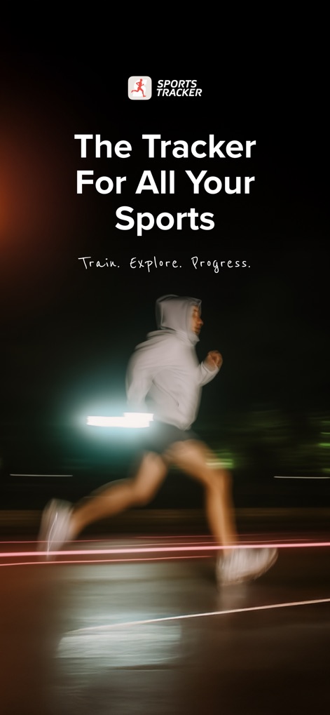 Sports Tracker: Run Bike Hike - La aplicación motiva a los usuarios a entrenar y explorar, visualizado por el corredor en movimiento y el eslogan que impulsa al progreso.