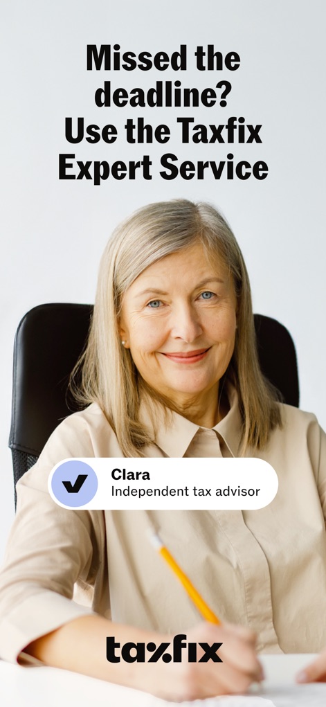 Taxfix: Tax return for Germany - See how the app connects users with an independent tax advisor like Clara and highlights the benefits of the Expert Service for deadline extensions.