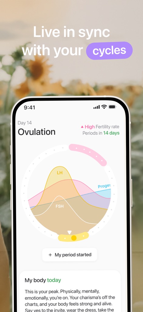Harmony: Cycle Syncing, Period - Users can gain deep insights into their cycle with a detailed graph illustrating LH, FSH, and Proge hormone levels, alongside personalized peak physical and mental insights for their current phase.
