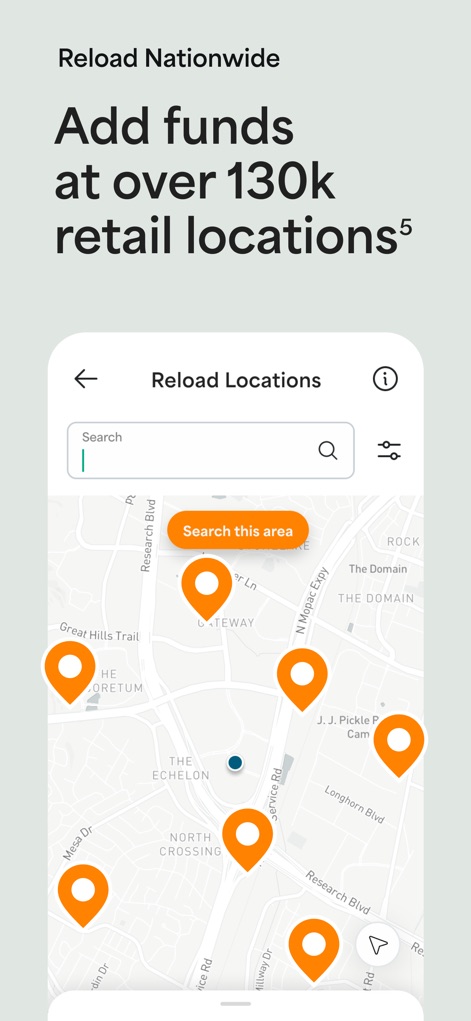 Netspend - 사용자는 이 스크린샷에서 맵을 통해 전국 13만 개 이상의 충전 위치를 쉽게 찾아 자금을 추가할 수 있으며, 현재 지역 검색 기능으로 가까운 지점을 빠르게 파악할 수 있습니다.