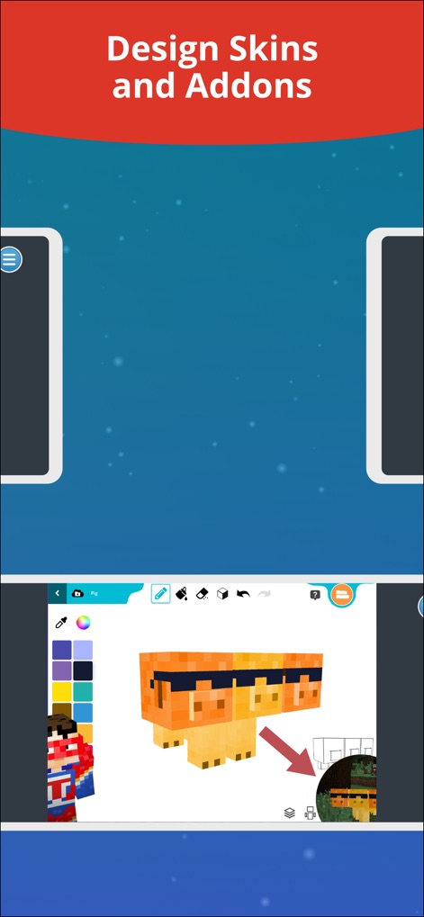 Tynker: Coding for Kids - Les utilisateurs peuvent concevoir des skins et des modules complémentaires personnalisés en modifiant un modèle 3D pixelisé et en sélectionnant des couleurs via une palette graphique, pour une personnalisation poussée.