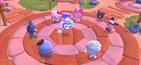 Hello Kitty Island Intro - L'application met en scène Hello Kitty et d'autres amis Sanrio rassemblés en cercle autour d'un artefact lumineux, soulignant l'importance des interactions sociales et du cercle d'amis.