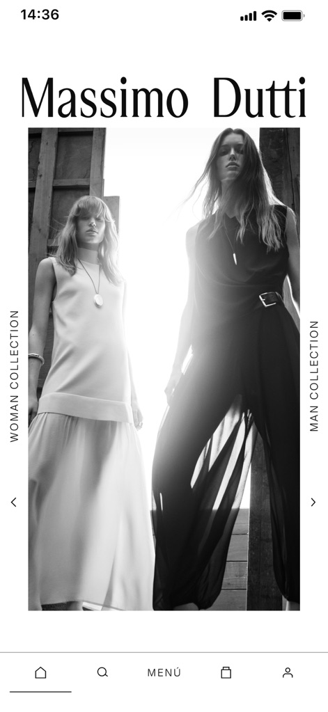 Massimo Dutti: Clothing store - The app immediately engages users with a prominent image display showcasing new arrivals and clear 'WOMAN COLLECTION' and 'MAN COLLECTION' navigation options.