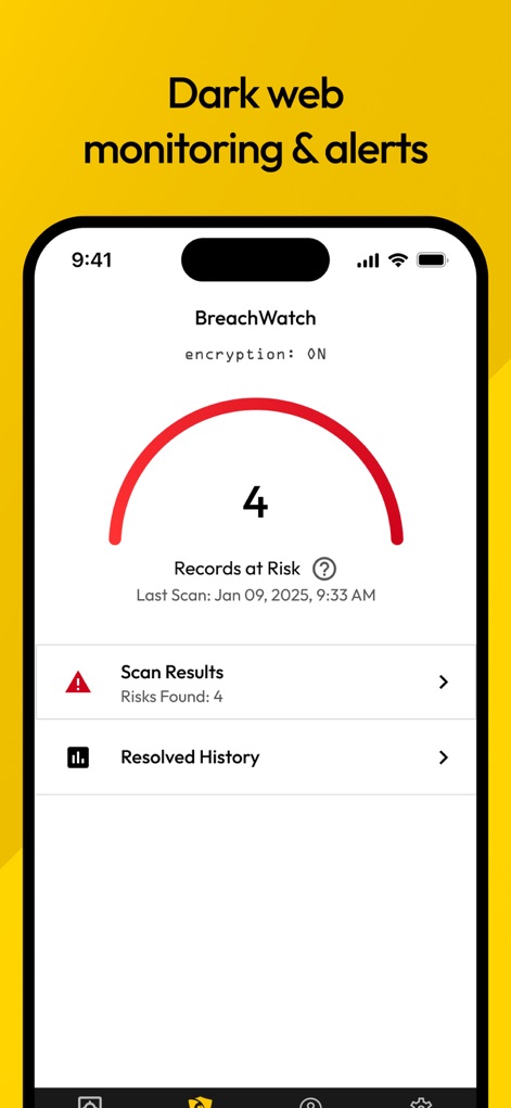 Keeper Password Manager - Die Ansicht „BreachWatch“ illustriert die proaktive Überwachung des Dark Web, erkennbar an der Anzeige „Records at Risk: 4“ und der Übersicht der Scan-Ergebnisse.