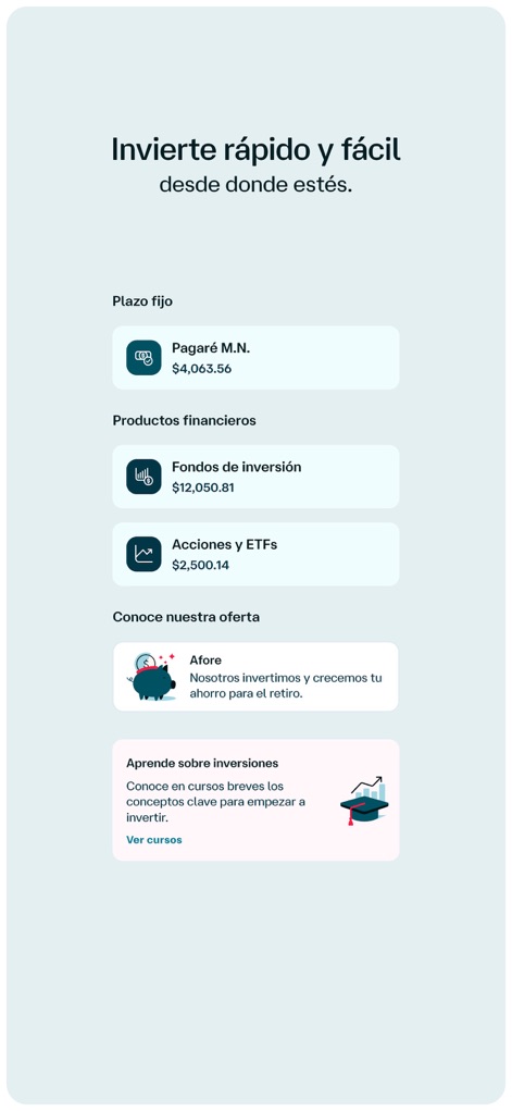 App Banamex - Los usuarios pueden explorar una variedad de productos financieros como "Fondos de inversión" y "Acciones y ETFs", complementados con la sección "Aprende sobre inversiones" para una mejor toma de decisiones.