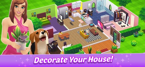 Home Street: Virtual House Sim - See how Home Street: Virtual House Sim showcases a fully decorated interior layout and a beloved sim pet enjoying the space.