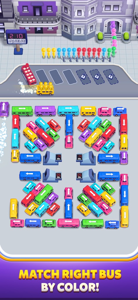 Bus Out - The app challenges players to match colorful buses in an organized grid, emphasizing strategic movement and color-based sorting.