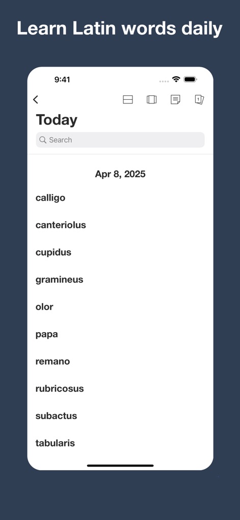 Latin Dictionary Lewis & Short - O aplicativo oferece a seção 'Today' para aprender novas palavras diariamente, apresentando uma lista curada de termos latinos para o dia, como mostrado para 8 de abril de 2025.