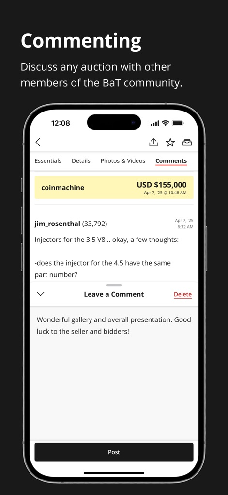 Bring a Trailer Auctions - O aplicativo incentiva a interação da comunidade através de "tópicos de comentários" ativos, onde os usuários podem participar de discussões e utilizar a função "Deixe um Comentário" para compartilhar insights.