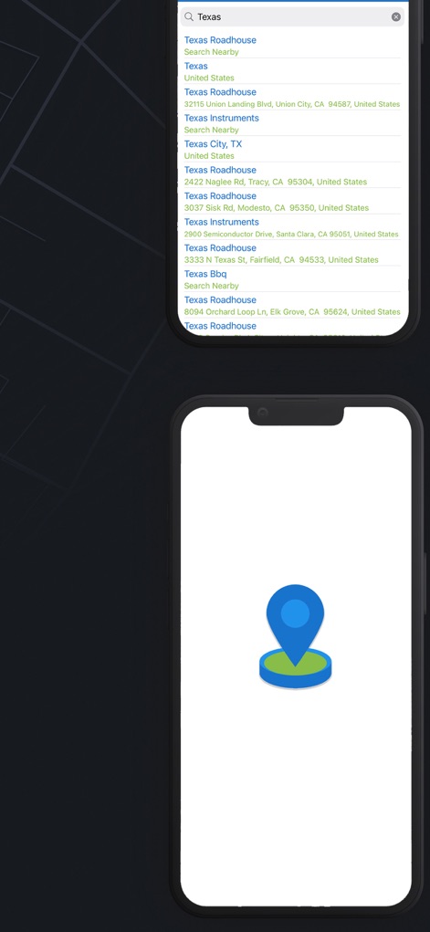 GPS Joystick: Location Changer - ユーザーは、検索バーに「Texas」と入力して場所を検索し、表示された候補リストから目的地を容易に選択できます。下部には、場所を特定する大きなロケーションピンアイコンが配置されており、直感的な操作性を示しています。