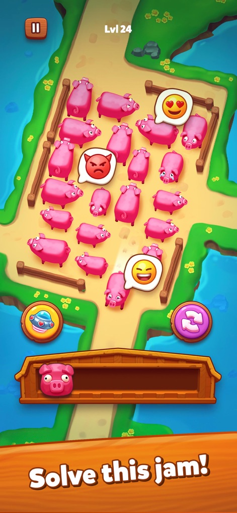 Farm Jam: Animal Escape Game - Explore the core 'traffic jam' mechanic, where players navigate a crowded grid of pigs and utilize helpful boosters like the shuffle option to clear paths.