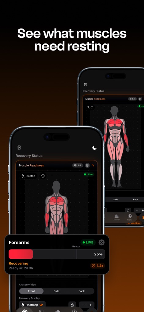 Built Workout - The app reveals real-time muscle recovery through an interactive body heatmap and precise muscle recovery percentages for informed training decisions.