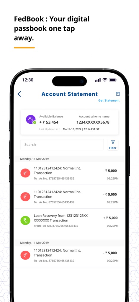 FedMobile - View the comprehensive 'Account Statement' feature, providing users with a clear overview of their available balance and detailed transaction entries, including 'Loan Recovery' records.