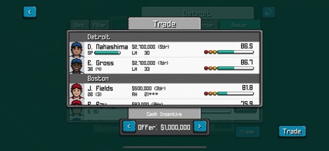 Pixel Pro Baseball - Il sistema di mercato permette agli utenti di negoziare scambi di giocatori, visualizzando i dettagli del contratto e le valutazioni, e di includere incentivi in denaro per finalizzare le trattative.