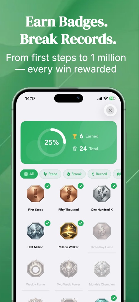The Pedometer: Step Counter - Os usuários são motivados por um sistema de recompensas visuais, exibindo 'Badges' como 'First Steps' e 'Million Walker', juntamente com um indicador de progresso em porcentagem ('25%').