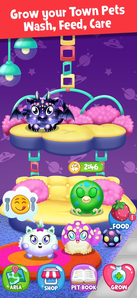 Town Pets - Grow Animals - Manage pet well-being through interactive care icons like food and wash, and utilize the "GROW" button to help baby animals develop into larger companions.