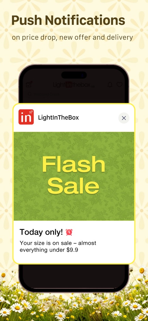 LightInTheBox - Las "Notificaciones Push" mantienen informados a los usuarios sobre "caídas de precios" y "nuevas ofertas", asegurando que no se pierdan ninguna oportunidad.