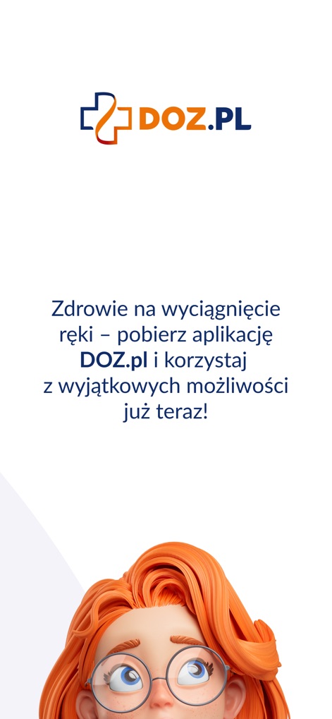DOZ.pl - This screen encourages downloading the app for comprehensive health solutions, featuring the DOZ.pl logo and a glimpse of the app's friendly mascot.