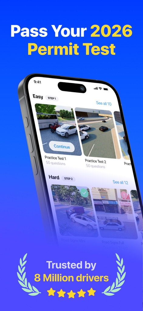 DMV Genie: Permit Test 2026 - Die App bietet übersichtliche „Easy“ und „Hard“ Übungssektionen sowie vielfältige visuelle Szenarien für effektives Lernen.