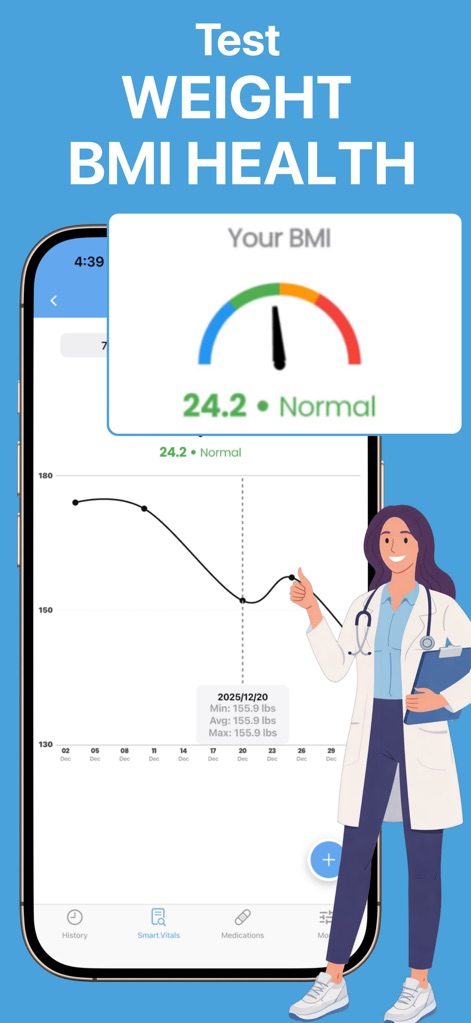 Free Blood Sugar Monitor ivita - Nutzer können ihren BMI von 24.2 als 'Normal' einstufen und gleichzeitig einen übersichtlichen Gewichtstrend-Graphen verfolgen, der den Fortschritt der Gesundheitsziele visualisiert.