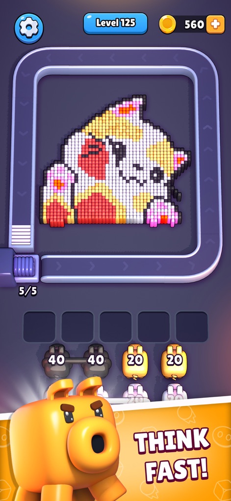 Pixel Flow! - Observe how the app presents diverse pixel art challenges, like this adorable cat, requiring players to react quickly to the varying pig ammo counts.