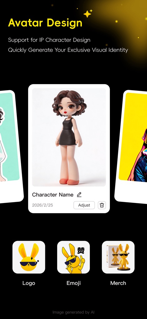 Rabbix - Explore the comprehensive Avatar Design module, which supports IP character creation and generates assets such as custom 'Logos' and 'Emojis'.