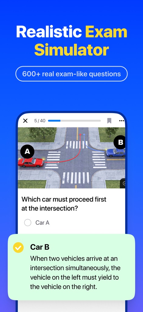DMV Genie: Permit Test 2026 - Der „Realistische Exam Simulator“ stellt eine komplexe Verkehrssituation dar und liefert eine klare „Antwort-Erklärung“, um das Verständnis der Verkehrsregeln zu vertiefen.