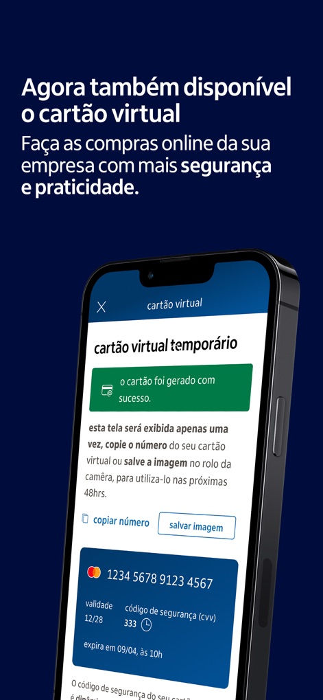 Itaú Empresas: Conta PJ - The app enables the generation of a temporary "virtual card" for secure online transactions, with options to copy the card number for convenience.