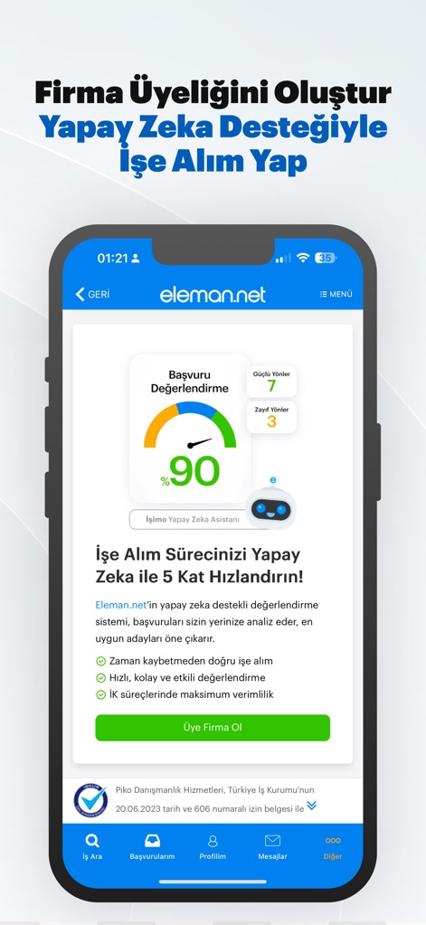 eleman.net İş İlanı Ara & Bul - For employers, the app presents an AI-powered application evaluation system that analyzes candidate strong points and streamlines the recruitment process.