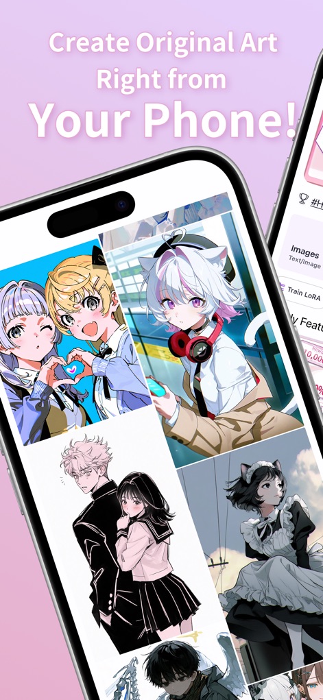 PixAI - AI Anime Art Generator - Esta captura resalta la capacidad de la aplicación para generar arte original, mostrando una interfaz móvil con una galería de diversas ilustraciones de anime y el lema "Create Original Art Right from Your Phone!".