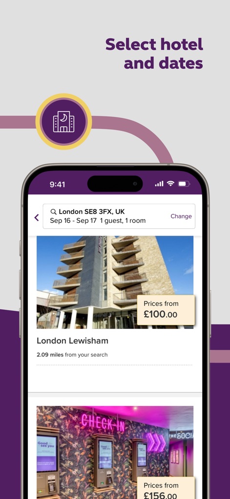 Premier Inn Hotels - The app presents diverse hotel listings with clear pricing and allows for easy selection based on location and budget.