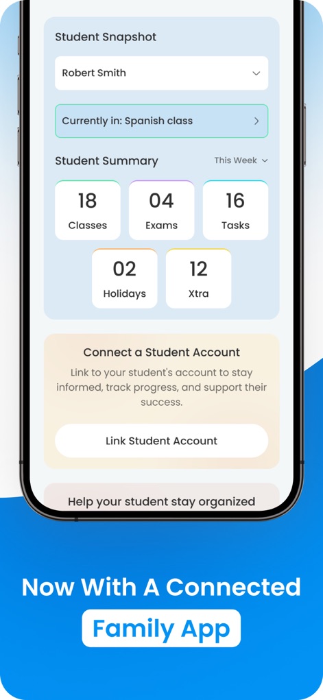 My Study Life - School Planner - Discover the new Parent Portal functionality, showcasing a "Student Snapshot" summary and the option to "Connect a Student Account" for collaborative academic support.