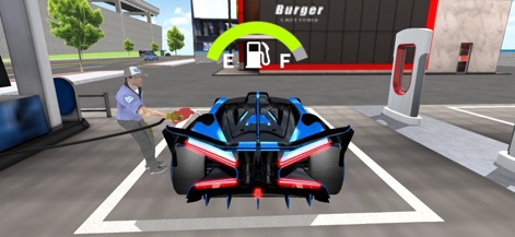 3D Driving Class - Engage with dynamic elements such as refueling a sleek blue sports car at a gas station, accurately reflected by the app's real-time fuel gauge and dashboard display.