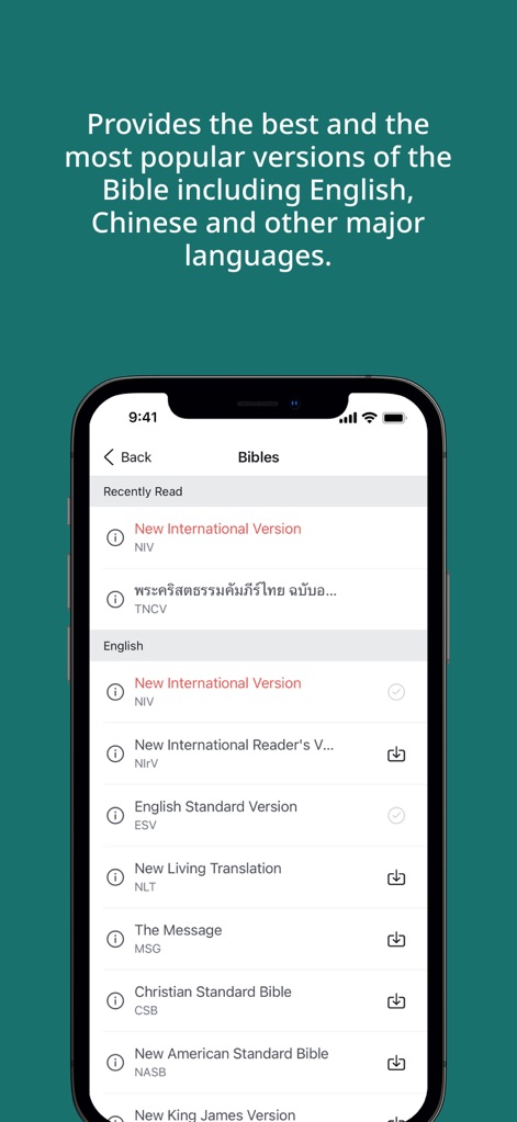 WeDevote Bible 微读圣经 - La aplicación presenta una extensa lista de versiones bíblicas, mostrando la opción de seleccionar la "New International Version (NIV)" y otras traducciones populares para una lectura personalizada.