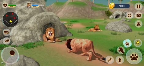 Lion Hunting Simulator Game - Discover the lions' natural habitat, with multiple adult lions interacting near a detailed cave and lush greenery.