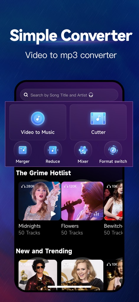 MP3 Converter - Audio Trimmer - This screen presents a comprehensive set of audio tools, including a "Video to Music" converter and a "Cutter", alongside trending music suggestions.