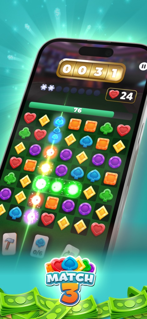 Blitz - Win Cash - The app presents engaging Match3 puzzle elements, including vibrant gem matches and a clearly visible score tracker.