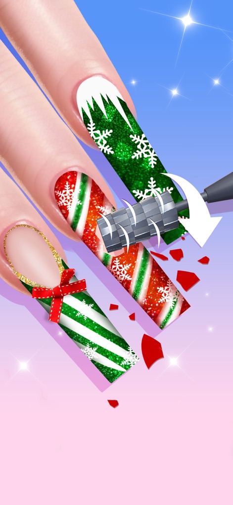 Nail Salon - Girl Art Game - Create joyful holiday looks with festive red and green glitter stripes and delicate snowflake accents using the shaping tool.
