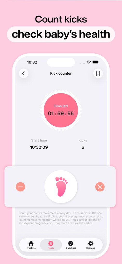 Pregnancy Tracker, Due Date - Users can accurately monitor their baby's activity with a clear circular timer for kick counting and a precise display of the cumulative kick count.