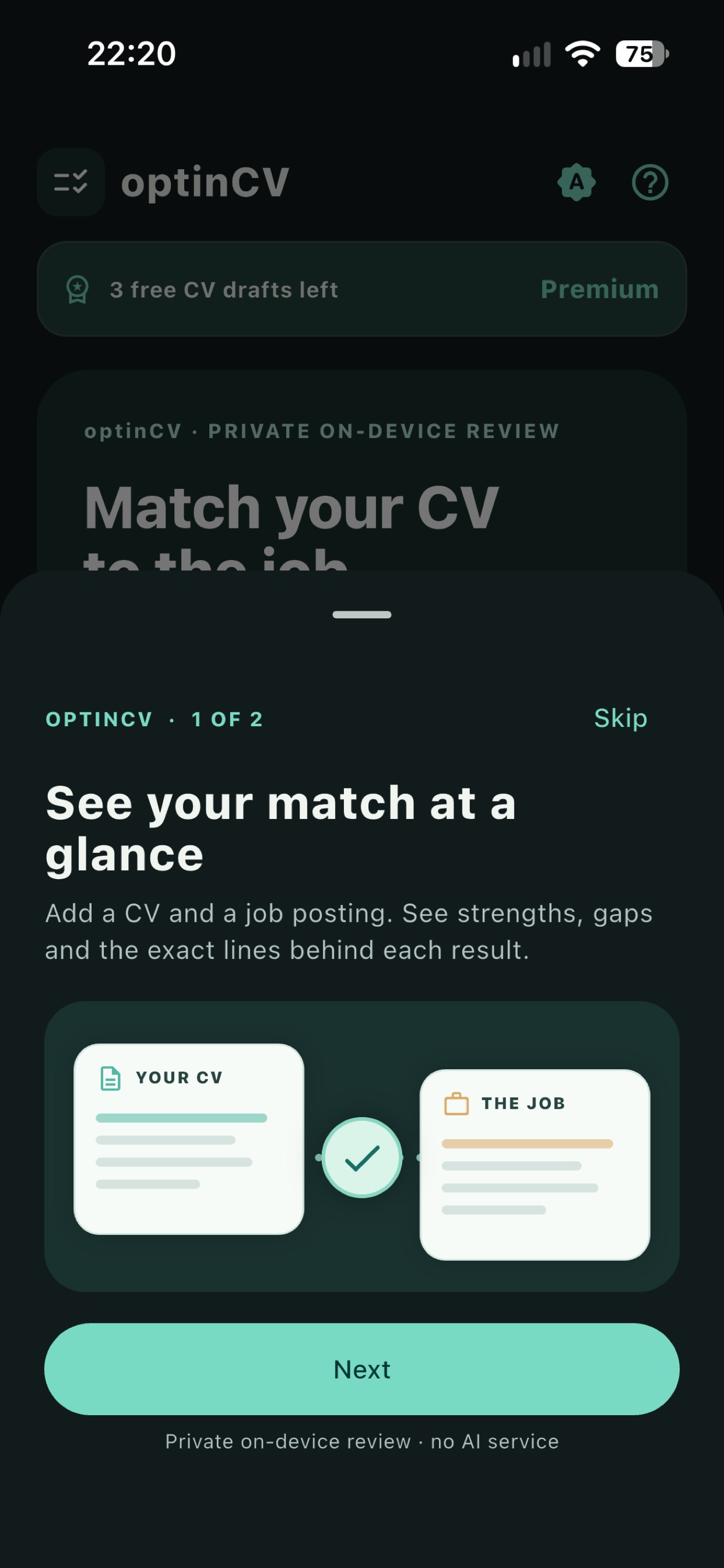 Screenshot 1 of optinCV: CV-to-Job Match